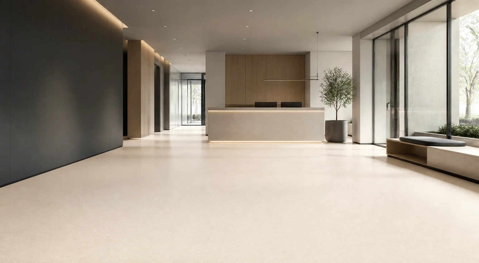 Architectural commercial lobby with TEWOLAM Mineral 219 flooring