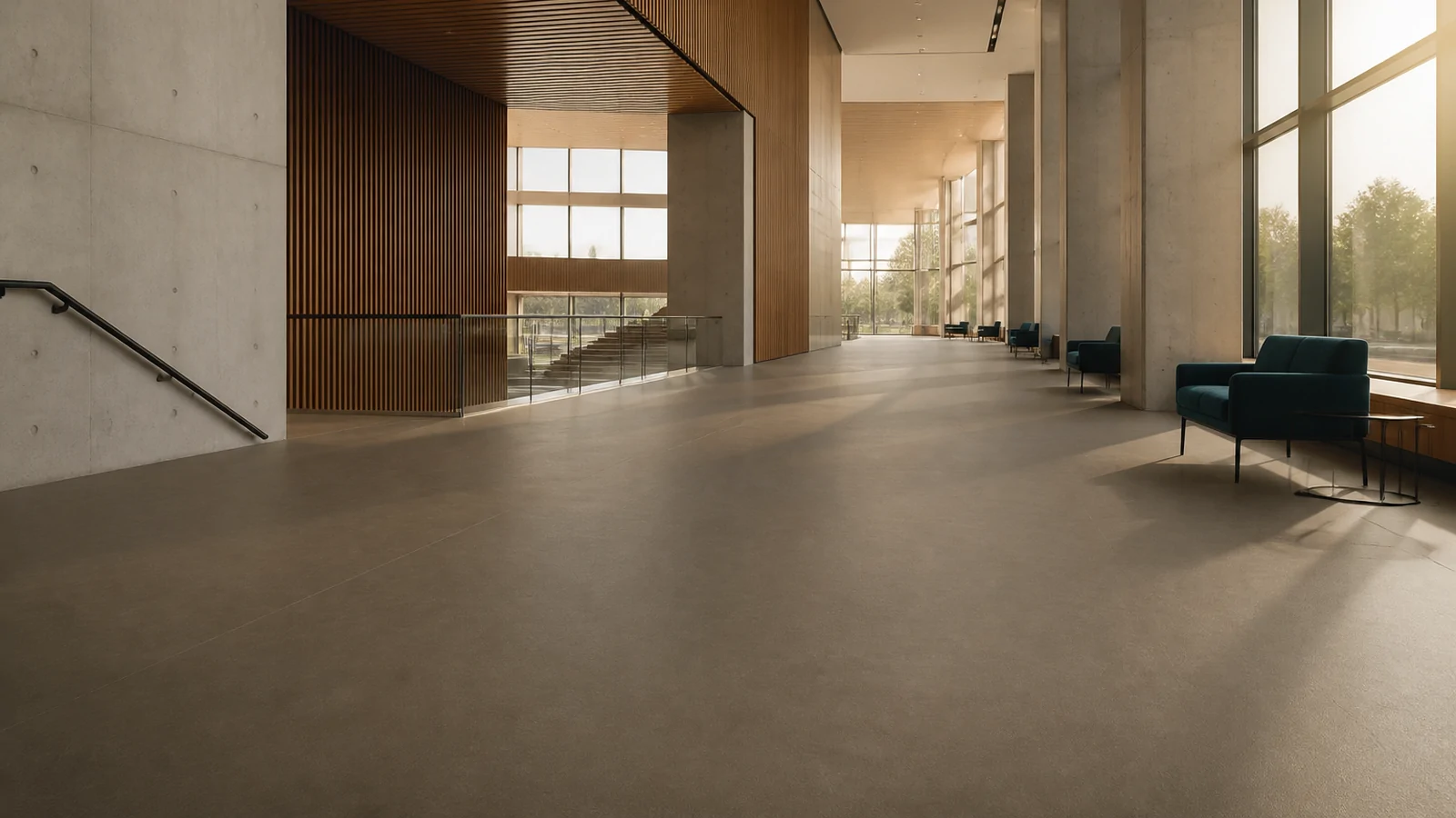Warm architectural public interior with a prominent commercial floor