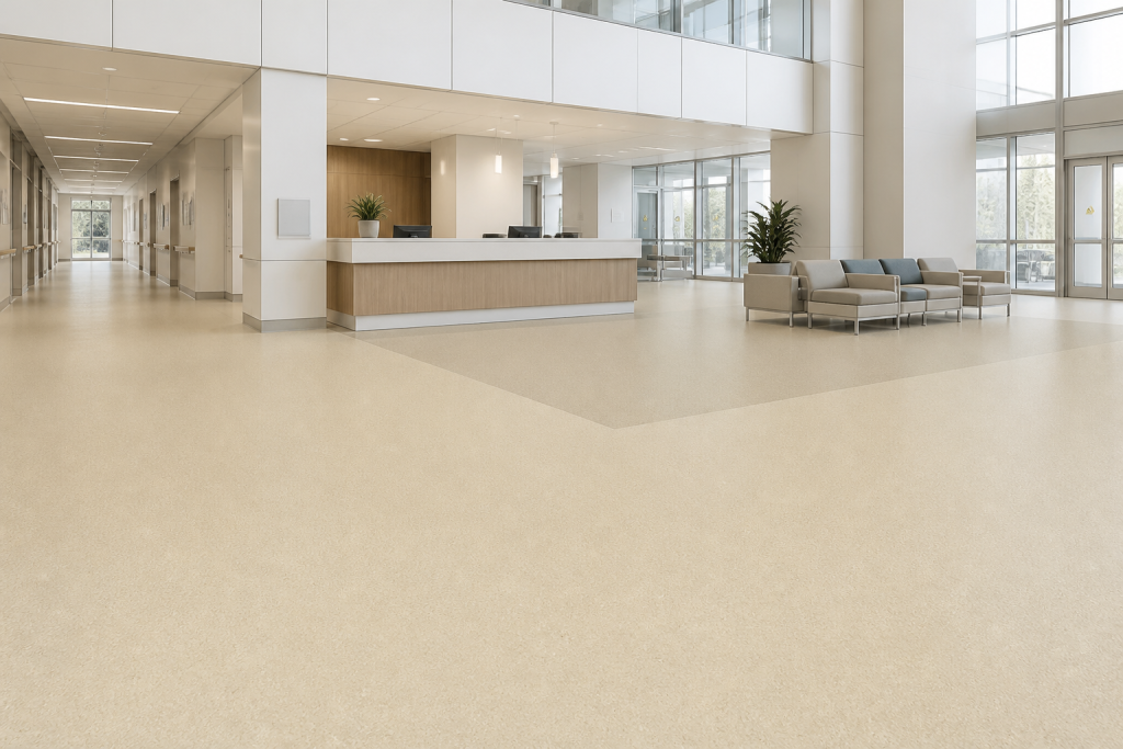TEWOLAM Mist 304 flooring in a hospital atrium lobby